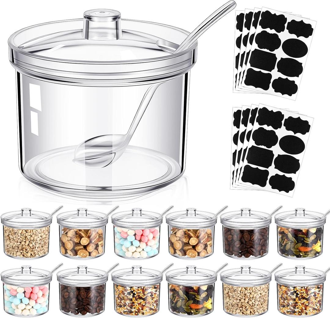 Tioncy 12 Pieces Sugar Bowls with Lid and Spoon Ice Cream Hot Cocoa Chocolate Bar Supplies Clear Acrylic Sugar Jars Candy Dispenser with Tag for Condiment Jars Seasoning Box Kitchen (7.1 oz)