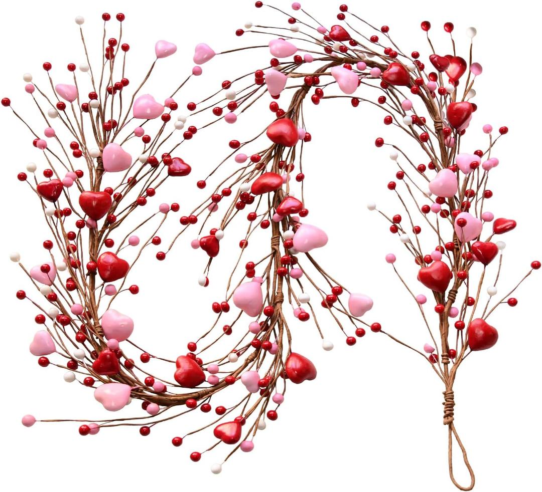 5Ft Valentines Day Heart Berry Garland - Artifical Red & Pink Multi-Purpose Heart Garland for Mantel, Table, or Wreath Decor - Romantic Valentine's Day Decorations Indoor