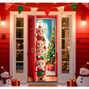Christmas Door Cover Decorations, Cute Cat Xmas Front Door Banner Covering, Indoor Outdoor Xmas Party Supplies 72.8x35.4 Inch