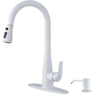 Kitchen Faucet with Soap Dispenser and Pull Down Sprayer - Stainless Steel Single Handle Kitchen Sink Faucet, 1 or 3 Hole Design for Modern Farmhouse Kitchens, Rv, and Bar Sinks(White)
