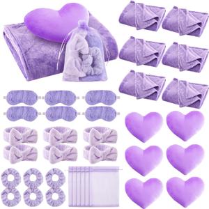 36 Pcs Sleepover Party Supplies for Girl Spa Slumber Birthday Favors Throw Blanket Pillow Eye Mask Headband Scrunchies (Solid Color,Purple)