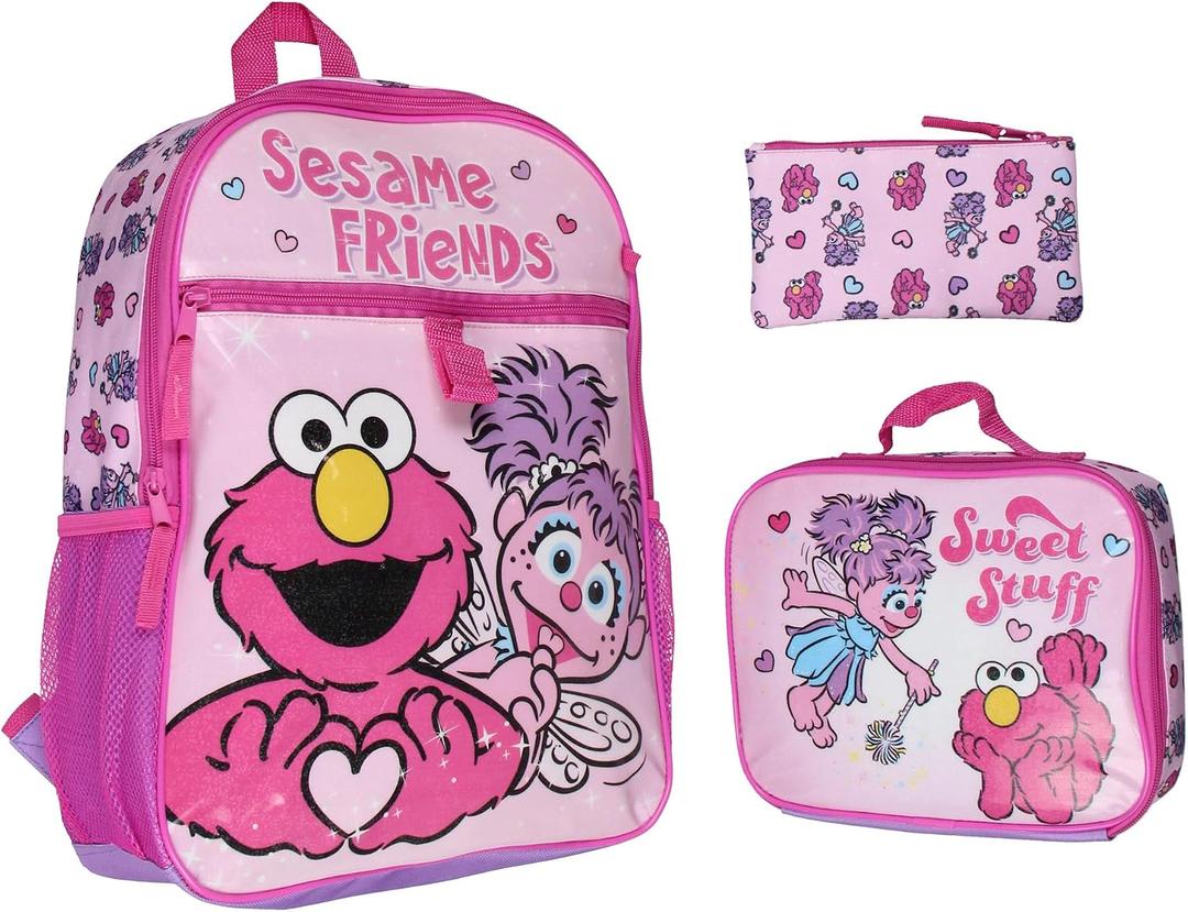 INTIMO Sesame Street Friends Elmo Abby Cadabby 3 PC Backpack Lunch Box Pencil Pouch 16", One Size