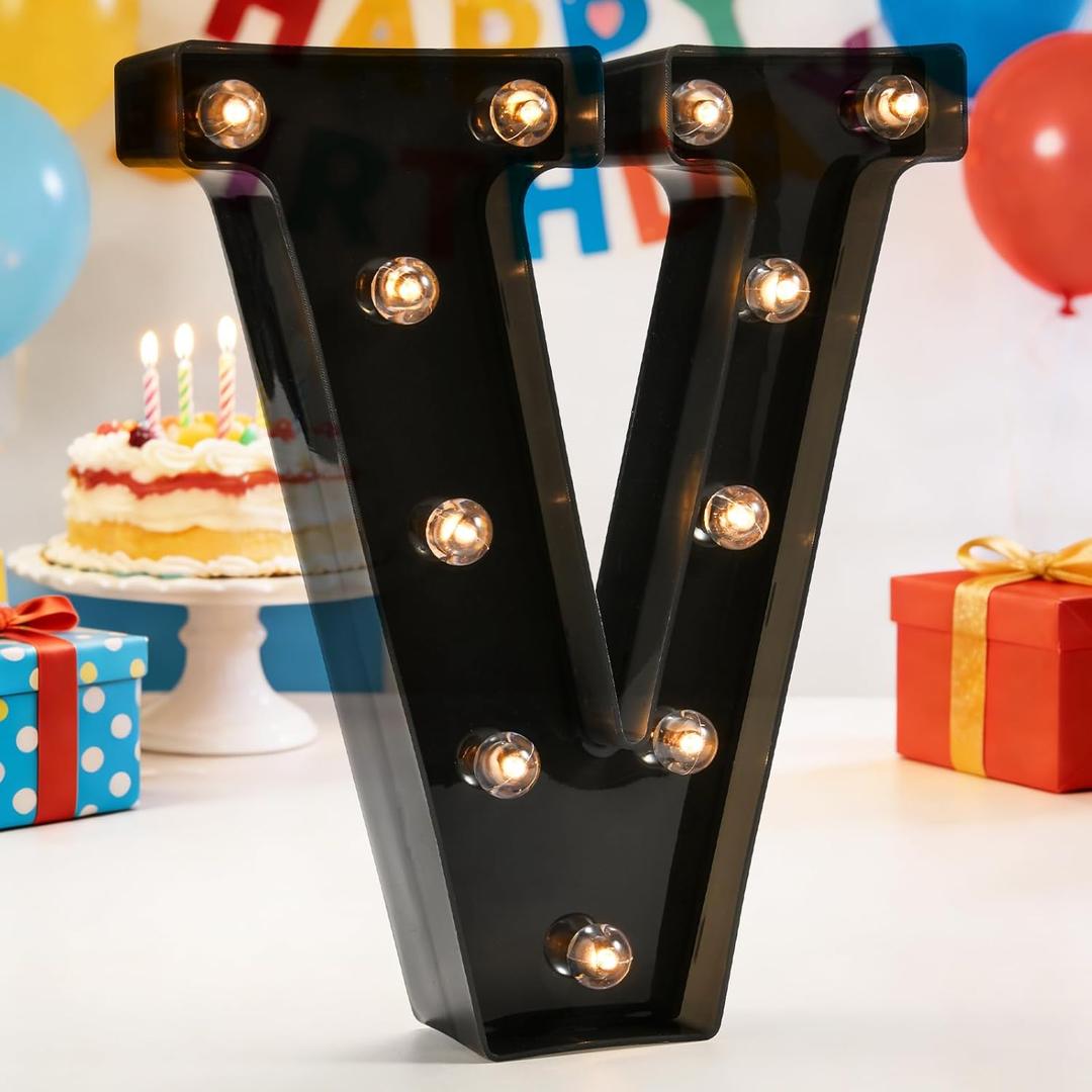 Decorative LED Illuminated Letter Marquee Sign - Alphabet Marquee Letters with Lights For Wedding Birthday Party Christmas Night Light Lamp Home Bar Decoration V, Black
