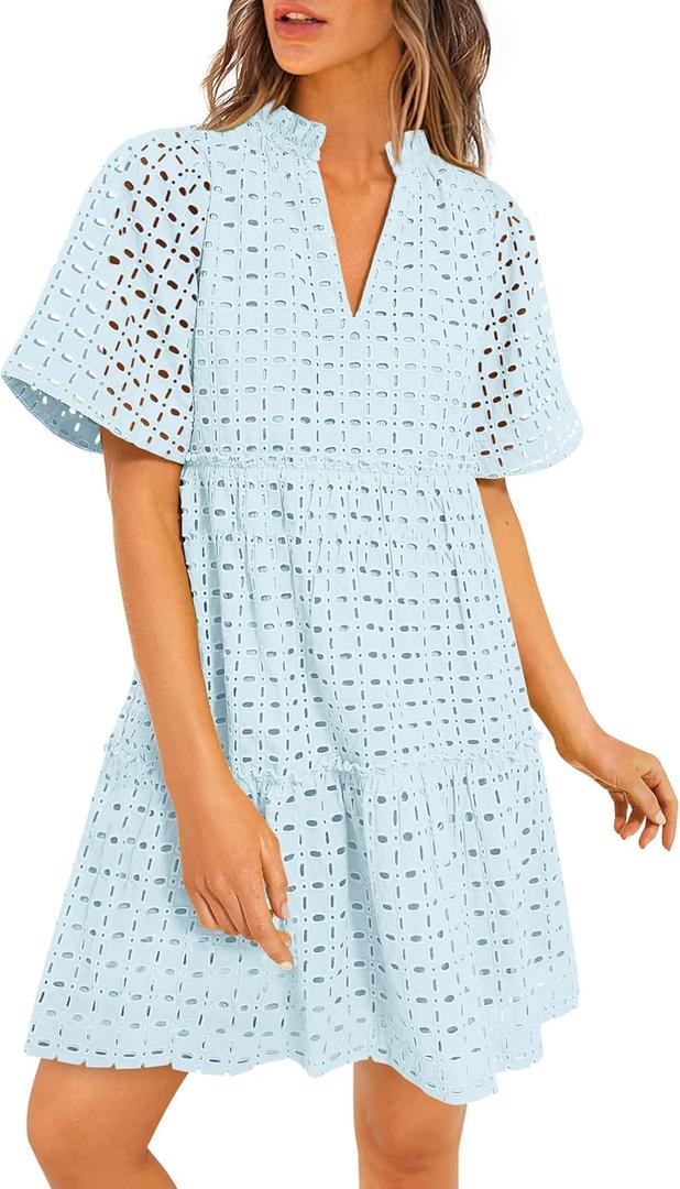 PRETTYGARDEN Eyelet Dresses for Women 2025 Summer Short Sleeve V Neck Hollow Out Ruffle A Line Boho Beach Vacation Mini Dress (Light Blue) (XL)