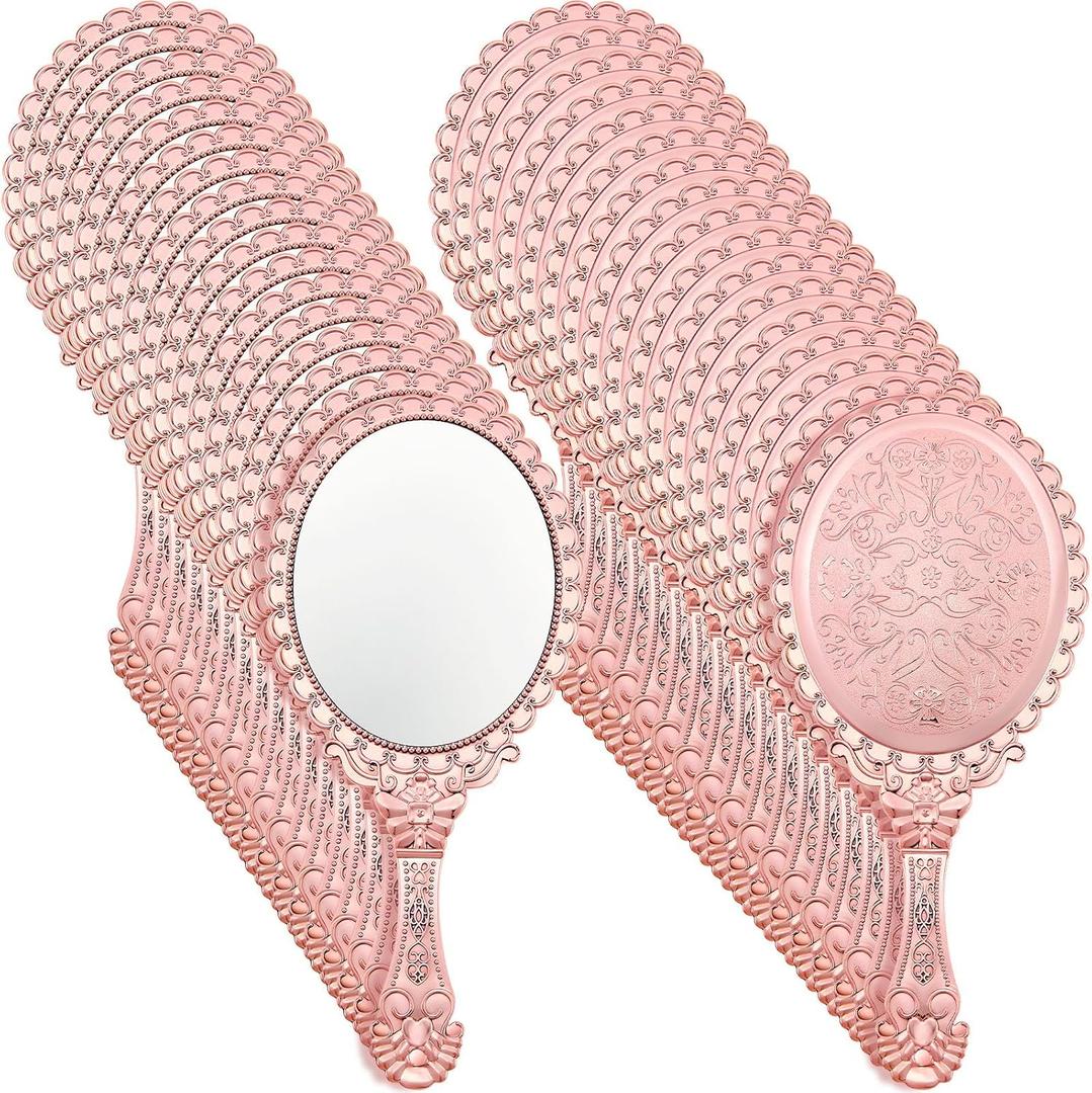 Qunclay Vintage Handheld Mirror Embossed Portable Hand Mirror with Handle for Small Compact Travel Makeup(Rose Gold,48 Pcs)