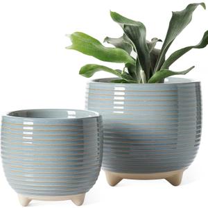 LE TAUCI Ceramic Plant Pots, 5.1 + 6.4 Inch Footed Pots for Plants, Modern Flower Pots for Home and Office, Indoor Planters with Drainage, Reactive Glaze Gray