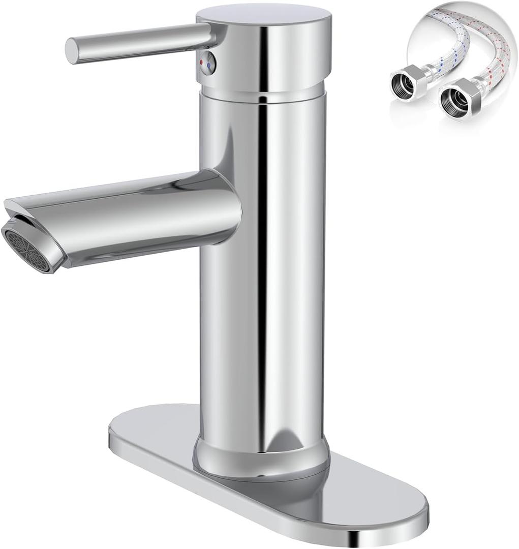Chrome Bathroom Faucet 1 Hole, Greenspring Single Lever Bathroom Sink Faucets Modern Deck Mount One Hole Lavatory Vanity Faucet with Deck Plate and Supply Line, Brass (Short)