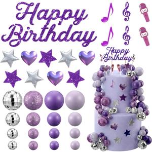 Leinuosen 76 Pcs Kpop Cake Topper Popular Singer Birthday Cake Decoration with Purple Disco Balls Pop Music Birthday Party Decoration Kpop Theme Party Supplies