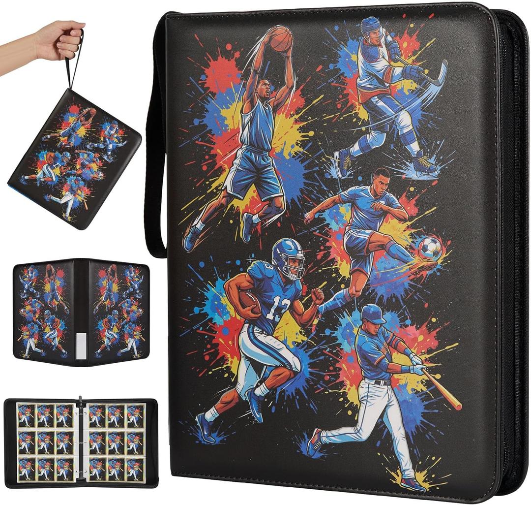 Sports 9-Pocket Trading Card Binder with Zipper, Fits 900 Cards; PU Leather Collector Album for Pokemon, Sports Cards, TCG & K-pop Photocards; Card Folder for Boys, Girls & Adults