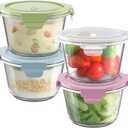 16oz Glass Meal Prep Containers, Airtight 2 Cup Glass Storage Containers with Lids, Heat-Resistant BPA-Free Borosilicate Glass Soup Container for Leftover, Microwave, Dishwasher&Freezer Safe (4 Packs) (Multicolor+Clear)