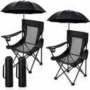 2 Pack Portable Folding Camping Chairs with Adjustable Umbrella, Lightweight Beach Chairs for Fishing, Sports Events & Lawn (Black Grid)