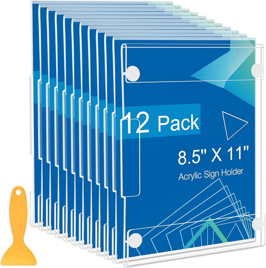 12 Pack Acrylic Sign Holder 8.5 x 11 Wall Mount, Vertical & Horizontal Use, Wall Sign Holder Memo Document Menu Holder for Office Store Restaurants Wedding Party Decoration, No Drilling