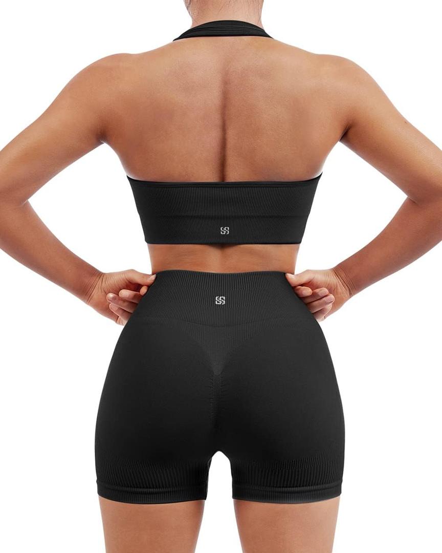 SUUKSESS Women Seamless Ribbed Workout Set Backless Sports Bra Booty Biker Short (Small, Black)