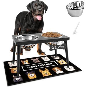 Metal Raised Dog Bowl Stand for Large and Medium Dogs, Stronger Elevated Dog Bowls with Sprill Proof Mat, Dog Food & Water Bowls 10" Tall Dog Feeder (58OZ-Stainless Steel Dog Bowls, Mat-16x24) (Black)