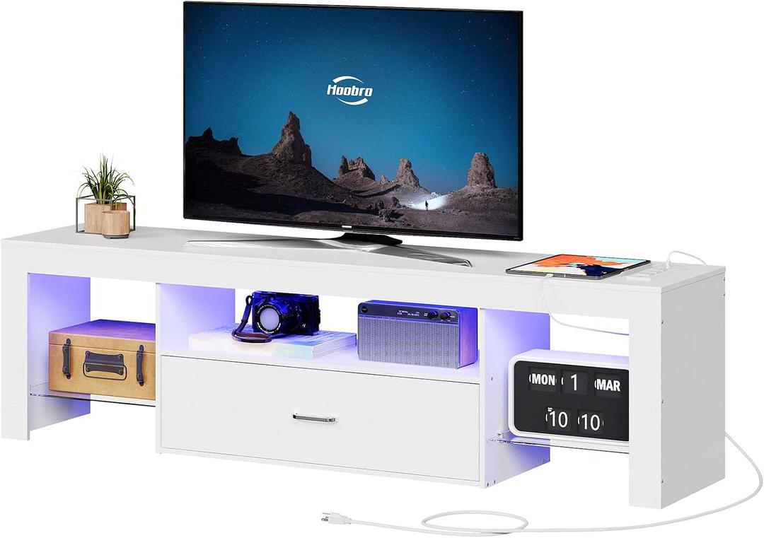HOOBRO LED TV Stand with Power Outlets to 65 inch TV, Gaming Entertainment Center with Glass Shelves and Large Drawer, Modern Media TV Console Table for Living Room Bedroom, White WT14UDDS01, 55.1 Inch