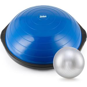 ZELUS 25in. Balance Ball | 660lb Inflatable Half Exercise Ball Wobble Board Balance Trainer w Nonslip Base | Half Yoga Ball Strength Training Equipment w 2 Bands, Pump, Extra Ball Included (Blue)