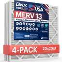 BNX TruFilter 20x20x1 MERV 13 (4-Pack) AC Furnace Air Filter - MADE IN USA - Electrostatic Pleated Air Conditioner HVAC AC Furnace Filters - Removes Pollen, Mold, Bacteria, Smoke
