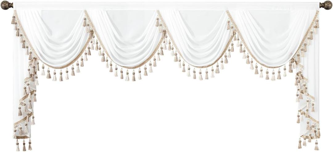 VOGOL White Sheer Waterfall Valance, Silky Soft Touch Kitchen Curtains Valances Home Decor, Rod Pocket Voile Curtain Swag Valance for Living Room, W110, 1 Panel (110"W x 43"L (Pack of 1), White)