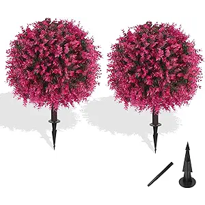 Grooy Artificial Topiary Tree with Pink Eucalyptus, Set of 2 Artificial Shrub Bushes with Ground Spike, Fake Evergreen Tree for Porch, Artificial Plants for Outdoor Planters Indoor UV Resist