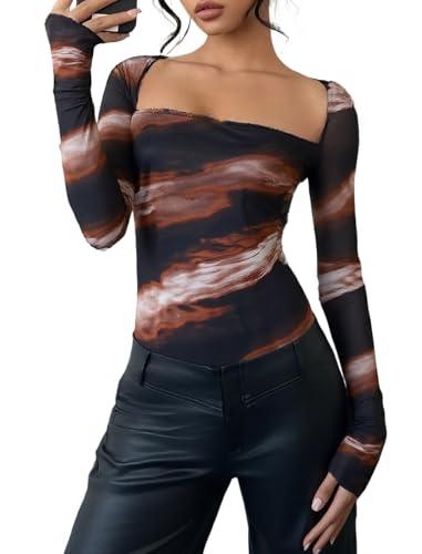 YOINS Women Tie Dye Sexy Mesh Long Sleeve Tops Sheer See Through Square Neck Shirt Brown Tiedye, X-Large