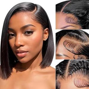 Lace Front Bob Wigs Human Hair Pre Plucked 13x4 Lace Frontal Wigs Human Hair With Baby Hair Bleached Knots Virgin Glueless Wigs for Black Women 180% Density Natural Color 10inch