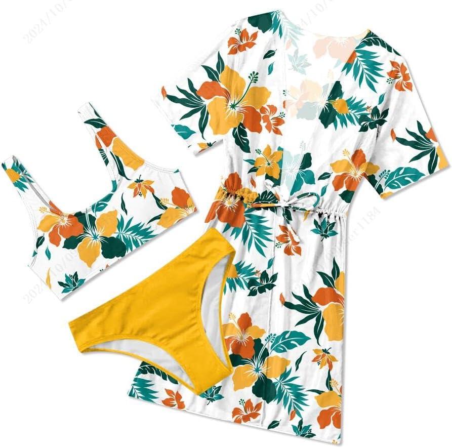 AIDEAONE 5-16T Girls Bathing Suit 3 Piece Swimsuit Drawstring Quick Dry Tankini with Cover Ups (9-10 Years, Yellow)