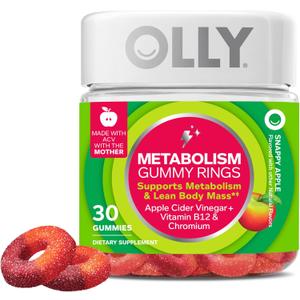 OLLY Metabolism Gummy Rings, Apple Cider Vinegar, Vitamin B12, Chromium, Energy and Digestive Health, Chewable Supplement, Apple Flavor - 30 Count (EXP 02/01/26)