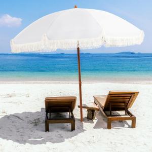 Aoxun 7ft Patio Umbrella with Fringe Outdoor UV 50+ Protection Picnic Umbrella with Aluminum Pole, Ribs Push Button Tilt and Carry Bag, Cream (White)