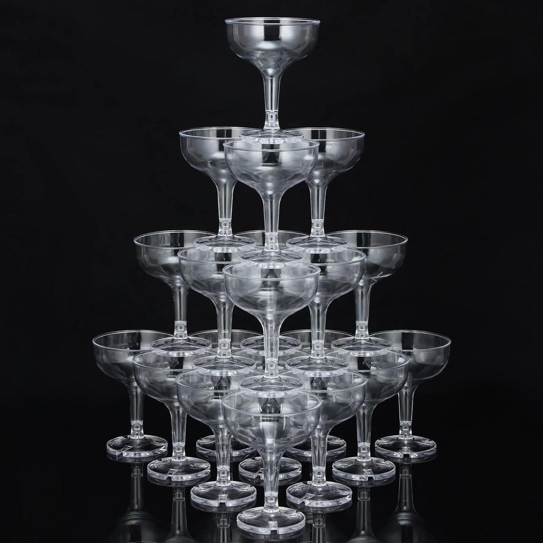 Potchen 100 Pcs Plastic Champagne Party Glasses 5 oz Clear Disposable Champagne Glasses Stackable Acrylic Martini Flutes Unbreakable Margarita Coupe for Wedding Birthday Party Bar(Classic), 10.5 cm x 8 cm