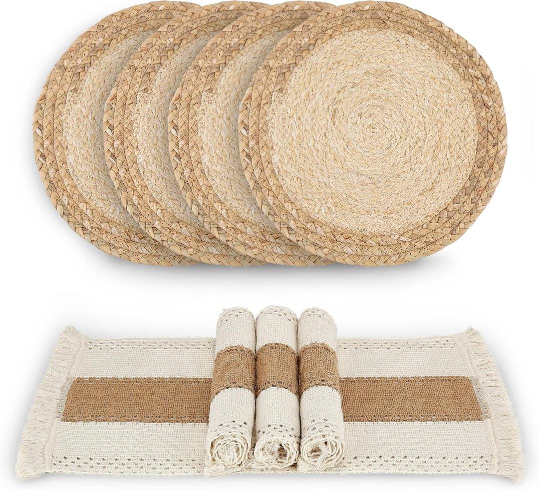 Handmade Boho Placemats Set of 4 - Natural Cotton Burlap and Water Straw Woven Combination Table Mats, Macrame Dcor and Farmhouse Style Placemats, for Dining Table Kitchen