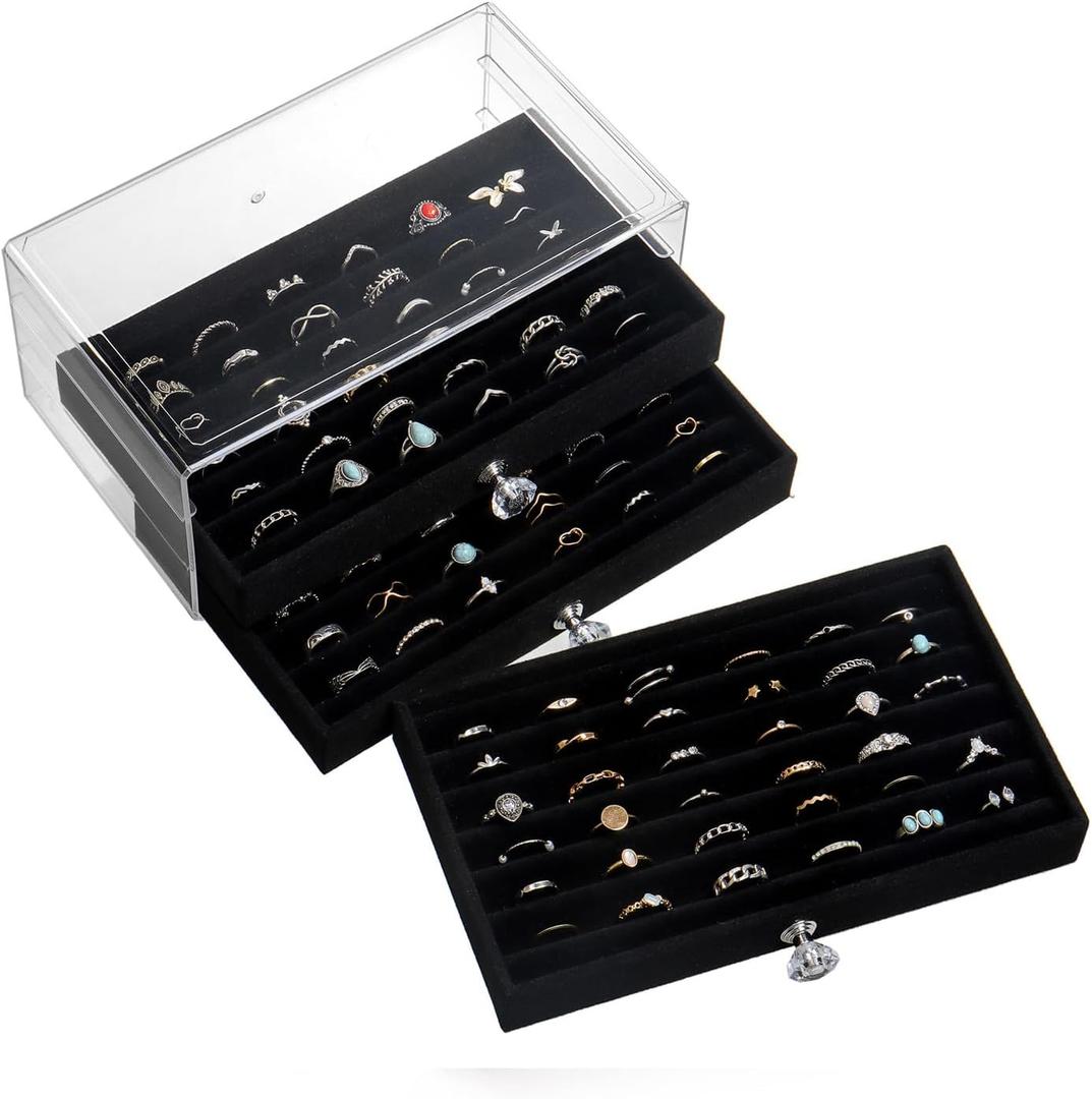 SPAKOWN Ring Box Display Holder, Clear Velvet Jewelry Storage Tray Organizer for Ring Stud Earring (Black - 3 Drawers)