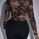 SweatyRocks Women's Sheer Floral Lace Long Sleeve Bodysuit Tops Sweetheart Neck Jumpsuit (Black, XS)