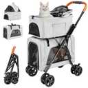Double Pet Stroller with Detachable Carrier for Medium Small Dogs and Cats, Lightweight Dog Stroller Travel Carriage with No-Zip Canopy Storage Basket One-Click Folding and One-Foot Brake (Gray)