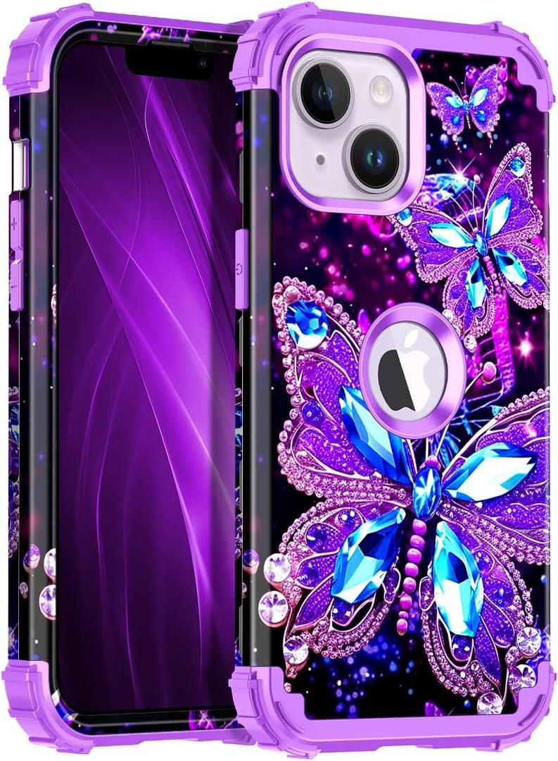 Hekodonk for iPhone 13 Case/iPhone 14 Case,Glow in The Dark Three Layer Heavy Duty Shockproof Protection Hard Plastic+Soft Silicone Full Body Drop Protective Case for Apple iPhone 13/14, Purple