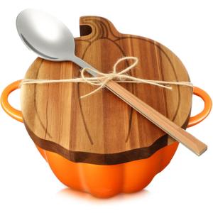 Mimorou 11 oz Pumpkin Pot with Carved Wooden Lid and Spoon Thanksgiving Pumpkin Bowl Orange Cute Cookware Soup Dish Safe Oven Pot with Wooden Lid and Handle for Fall Autumn Cooking Baking