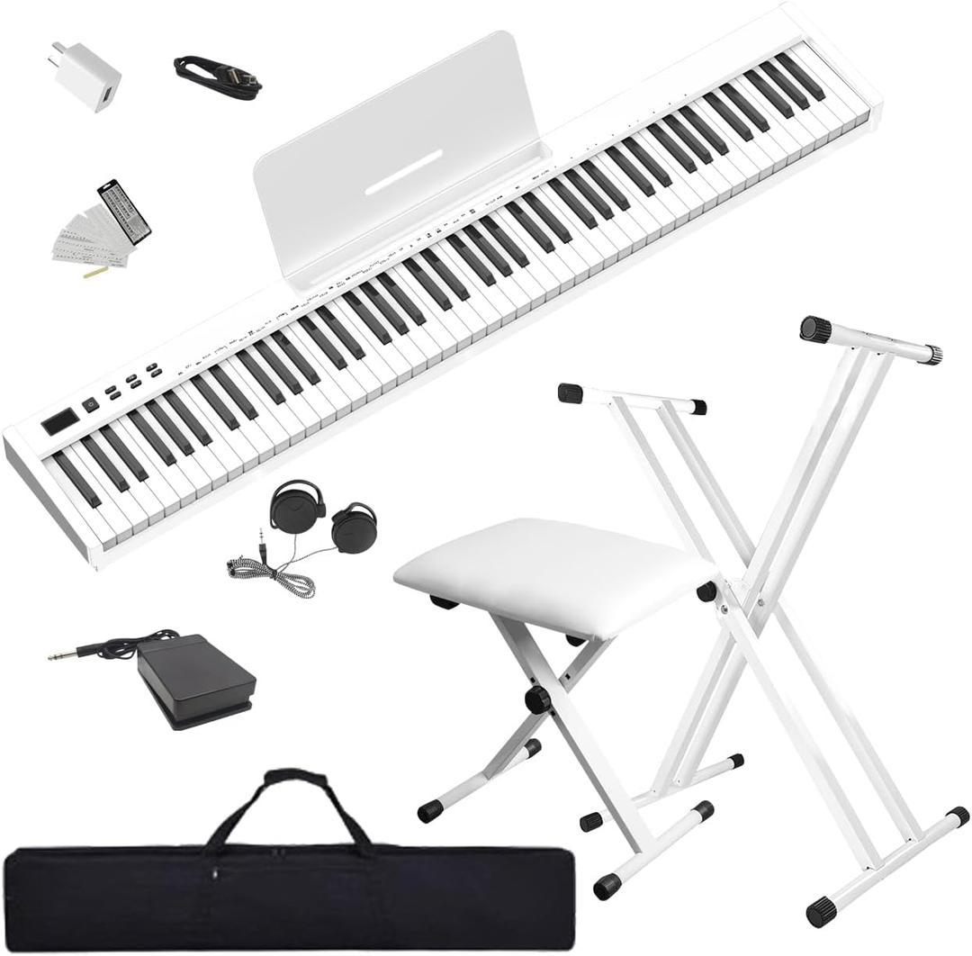 NikoMaku Piano Keyboard 88 Keys with Bench and Stand, Semi weighted Portable Digital Piano for Beginners, SWAN-S White, with Headphones, Stickers, Carrying Case, Compact