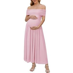 OUGES Women's 2026 Off The Shoulder Mesh Maxi Maternity Dress for Photoshoot Baby Shower Sleeveless Formal Long Dresses Size XL