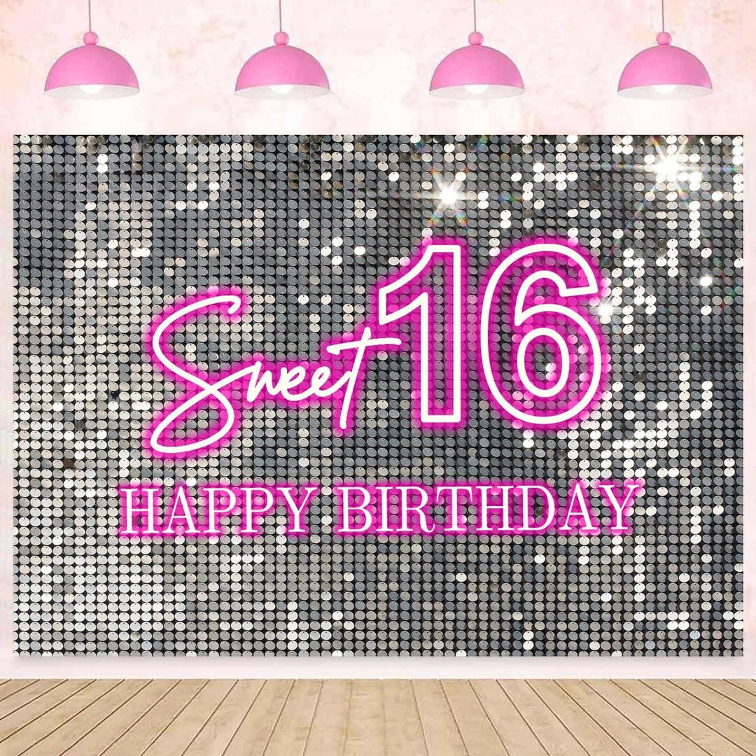 InMemory Shiny Pink Neon Sweet 16 Backdrop Silver Sequins Flash Shimmer Wall Girls Sixteen Party Decoration Banner Happy 16th Birthday Photography Background 6x4ft
