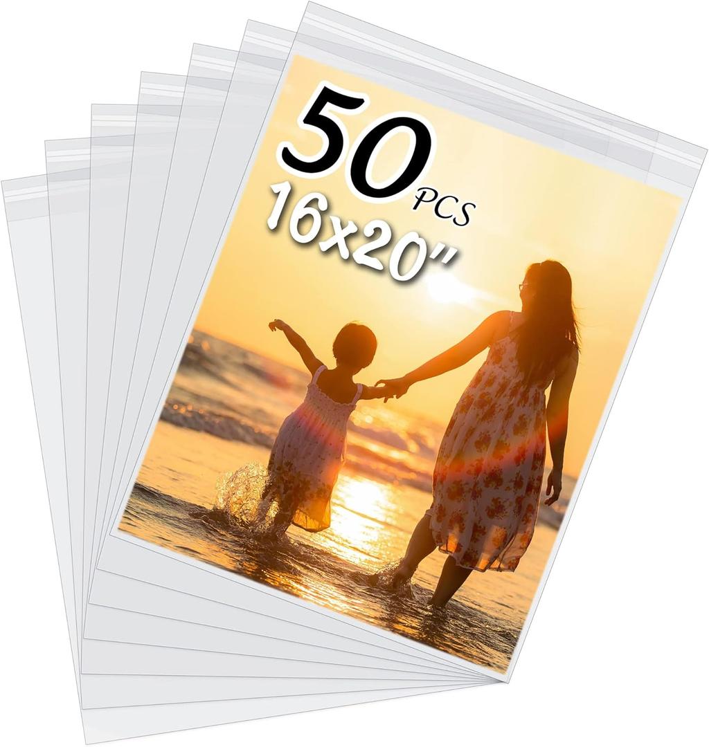 50 Pack Acid-Free Crystal Clear Sleeves Storage Bags for 16x20 Art Prints/Pictures/Photos/Framing Mat Mattes (Bag Size: 16 1/2" x20 1/2")