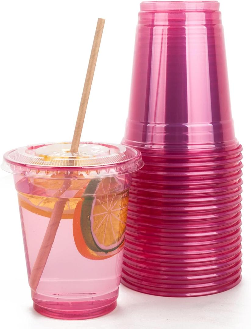 Golden Apple, 16oz 50sets Pink Red Plastic cups with Clear Flat lids with hole (50cups+50lids) BPA Free