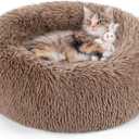 rabbitgoo Cat Beds for Indoor, 20 inches Machine Washable, Fluffy Round Pet Bed Non-Slip, Calming Soft Plush Donut Cuddler Cushion Self Warming for Small Dogs Kittens, Light Brown, Medium (20"l X 20"w X 4.7"th)
