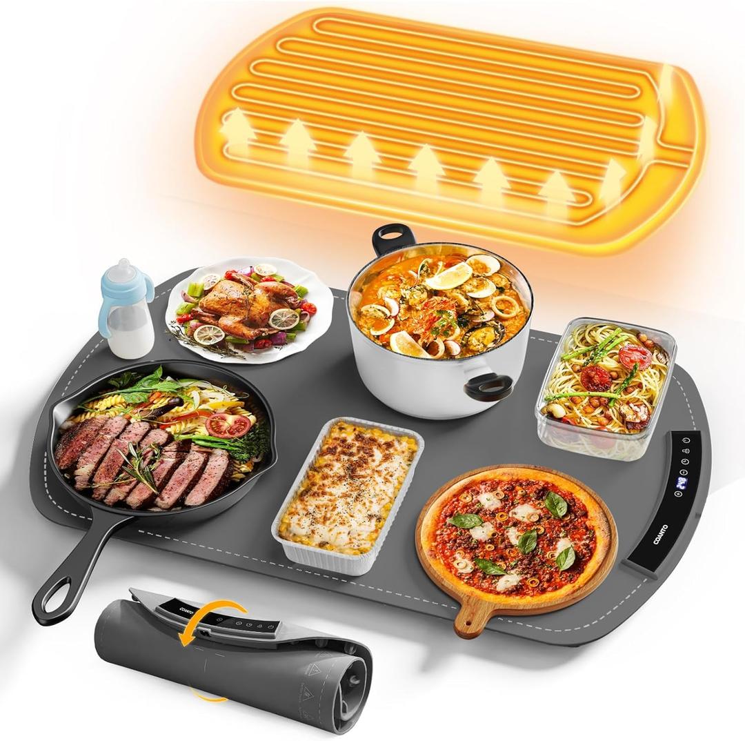 Food Warming Mat, Electric Warming Tray for Buffets & Parties, Silicone Heating Mat for Food with 9 Temperature Settings, Roll-Up Storage, 25.8"x15.6", Grey (Gray)