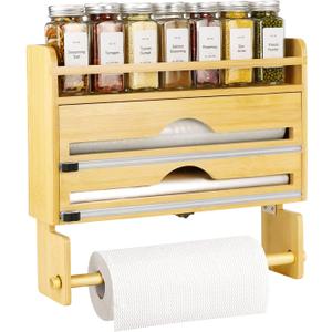 Foil and Plastic Wrap Organizer, Bamboo Aluminum Foil Dispenser with Paper Towel Holder, Compatible with Foil, Wax Paper, Kitchen Paper Towel and Spice Jars