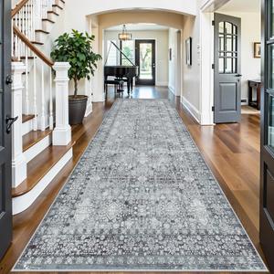 5x12 Rug Wide Hallway Runner: Washable Non Slip Runners for Entryway Living Room Dining Room - Soft Low-Pile Water Resistant Rugs - Thin Vintage Carpet Grey