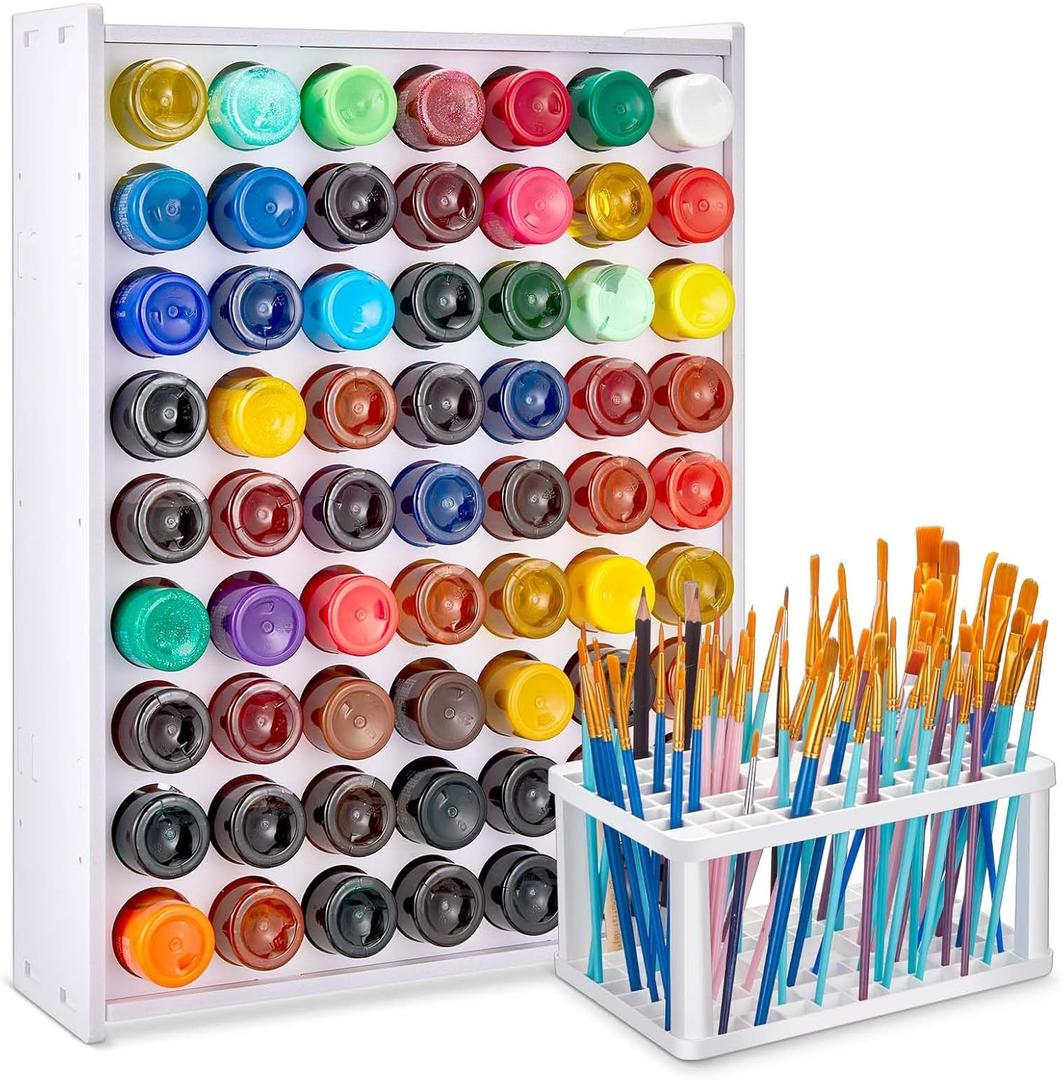 Juexica 63 Holes Acrylic Paint Holder Organizer Storage for 2 oz Bottle Craft Paints with Paintbrush Pens Markers Stand Vertical Wall Mounted Stand Plastic Storage Tower