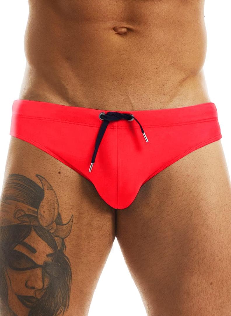 MIZOK Men's Swimwear Bikini Swimming Briefs Drawstring Swimsuits Board Surf Shorts Trunks (Large, Red)