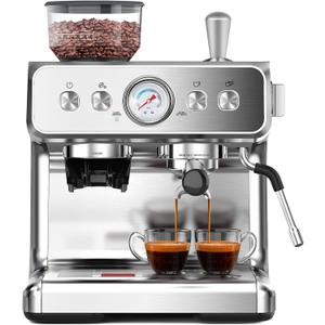 Espresso Machine with Grinder, Stainless Steel 20 Bar Semi-Automatic Expresso Coffee Machines, Featuring a Milk Frother, Steam Wand, Removable Water Tank for Latte, Macchiato, Cappuccino