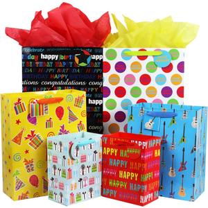FZOPO Birthday Gift Bag Assortment with Ribbon Handle, 12 Pcs Premium Quality Assorted Sizes Paper Bags Set, XL 13x17x6.5, Large 12x15x4.8, Medium 7x9x4.2 inches, 6 Designs