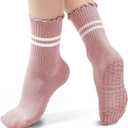 American Trends Pilates Crew Socks for Women with Grips, Non Slip Ruffle Sock for Yoga Barre and Workout