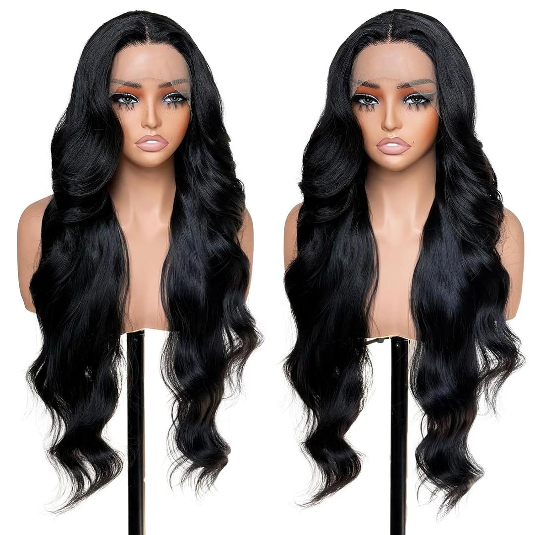 SISgrace Black Synthetic Lace Front Wig 28 Inch Long Body Wave 13x4x1 T part Lace Wig Pre-plucked Hairline with Baby Hair HD Glueless Lace Front Wig for Women